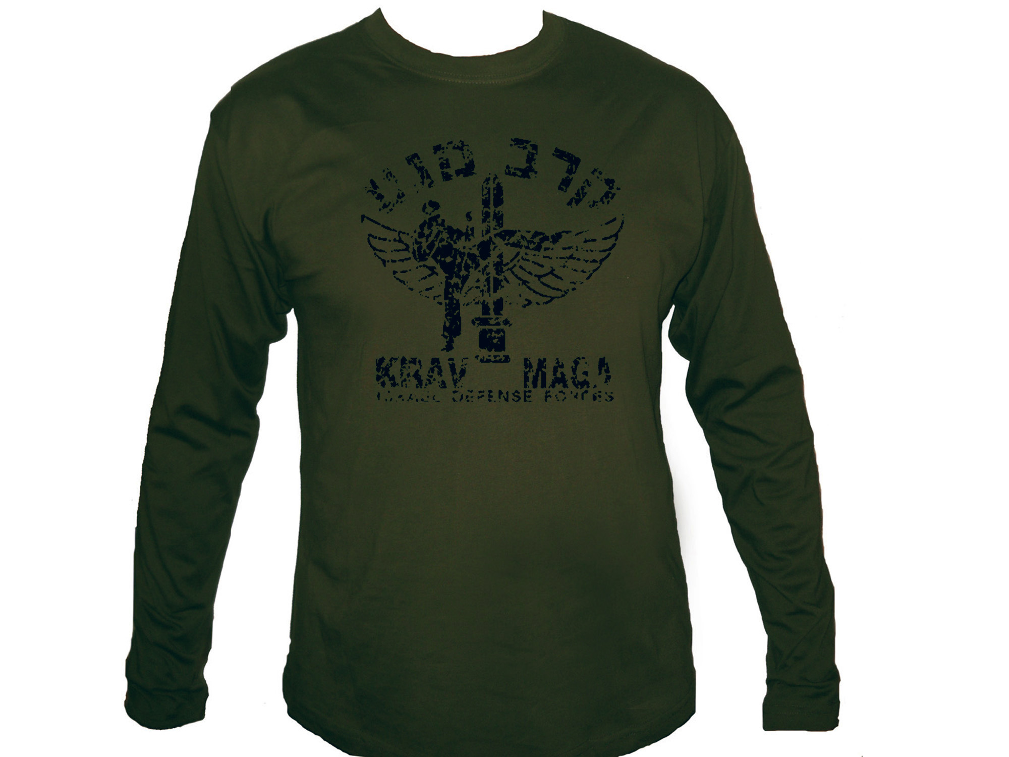 Krav maga emblem distressed look olive green sleeved t-shirt