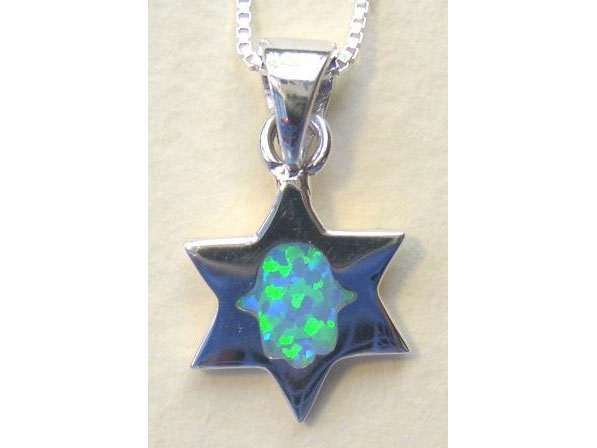 Sterling Silver Opal Hamsah  in Magen David Pendant