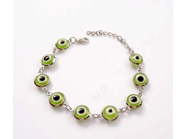 Rhodium Plated Green Good Luck Eye Eye Pro On Bracelet