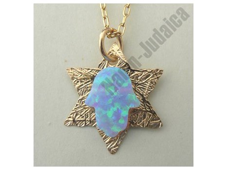 Israel 5% Gold Filled Contemporary Style Opal Magen David (david star,israel star) Pendant with chain