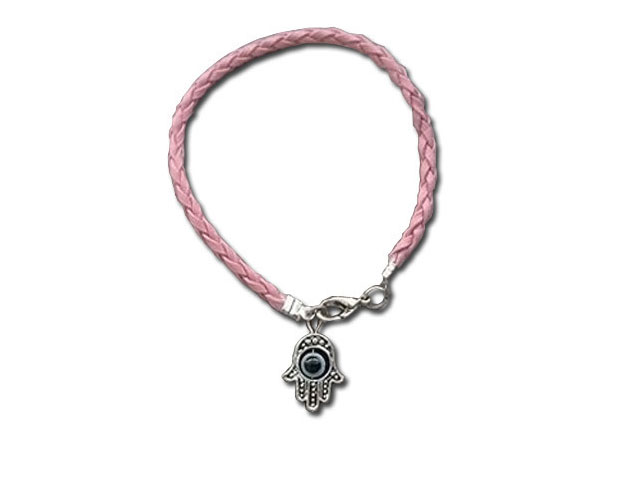 Hamsa Hand Evil Eye Protection On Pink Braided Bracelet